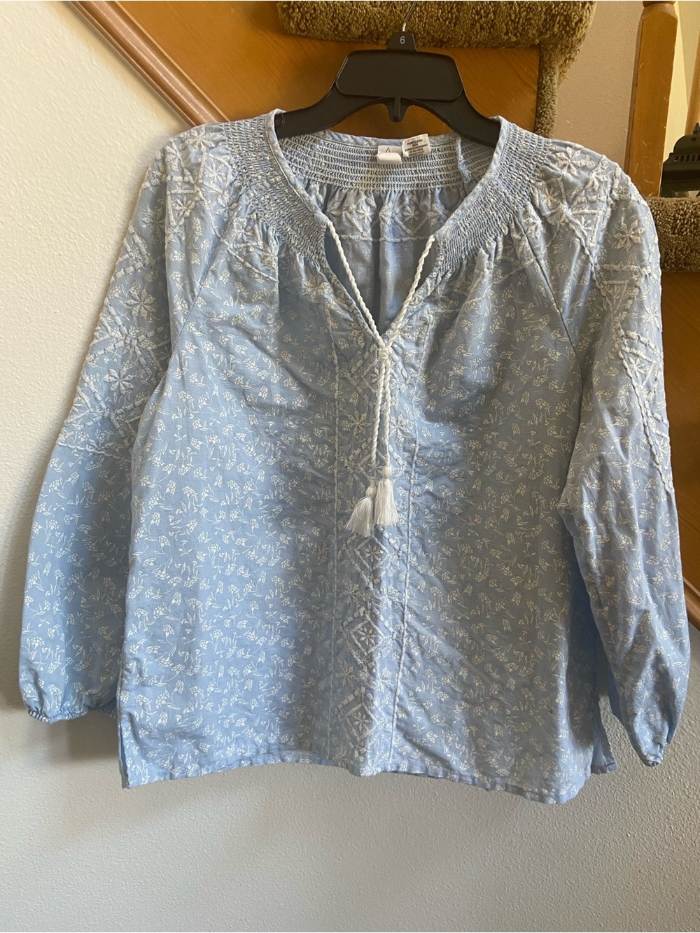 JOIE Light Blue Cottage Peasant Blouse with Tassel Tie, like new, women’s size M